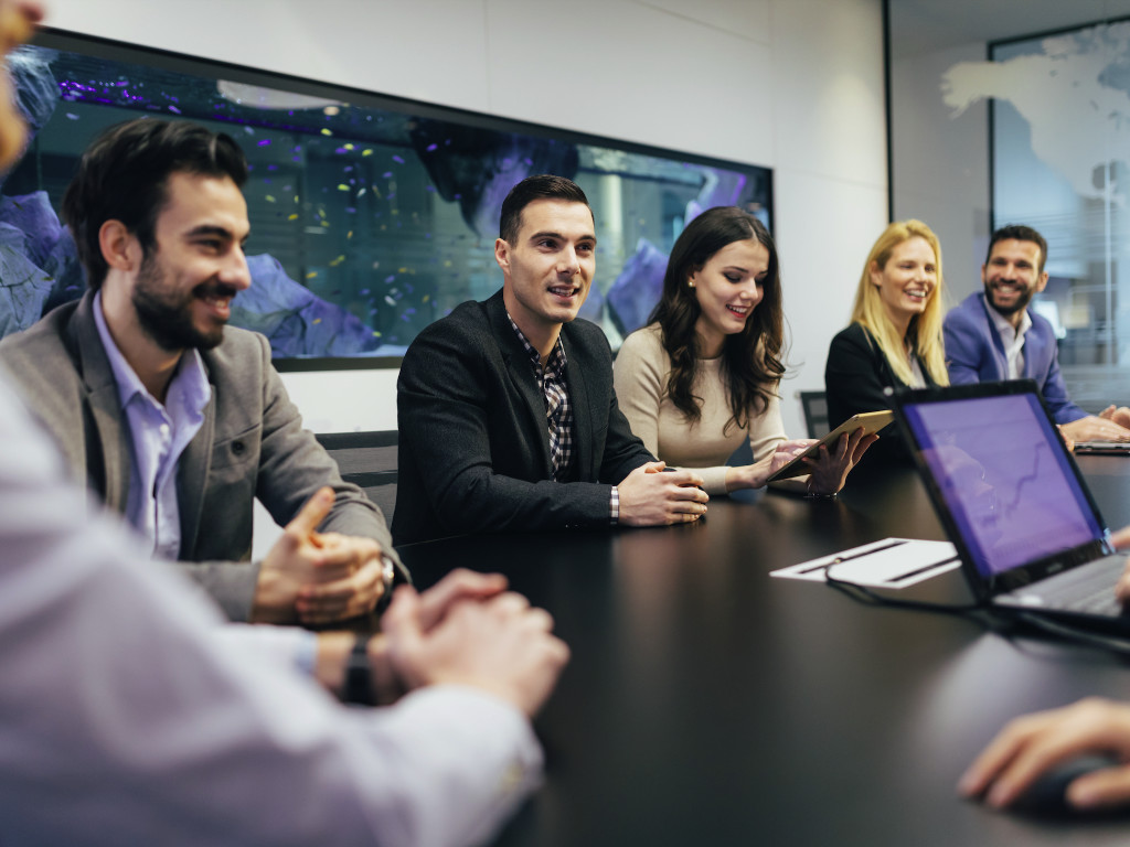 Team at work around desk