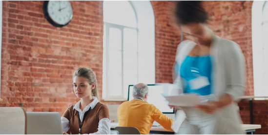 Modern office with red brick wall